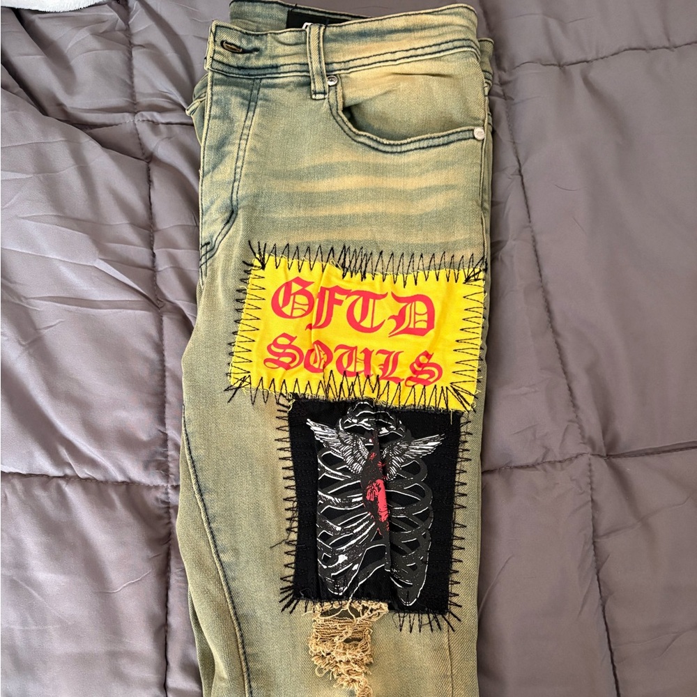 Men's Tan Jeans with Patches
